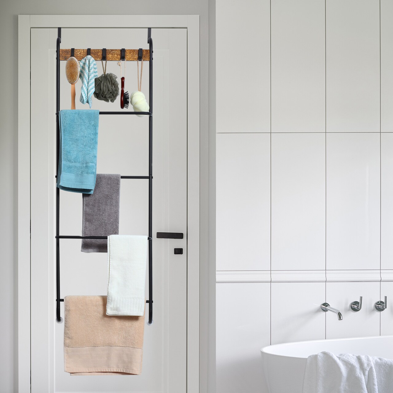 5 Tier Over The Door Towel Rack Bathroom Behind Door Towel Holder with Hooks